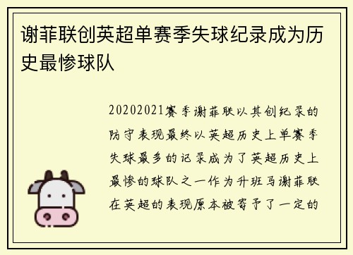 谢菲联创英超单赛季失球纪录成为历史最惨球队